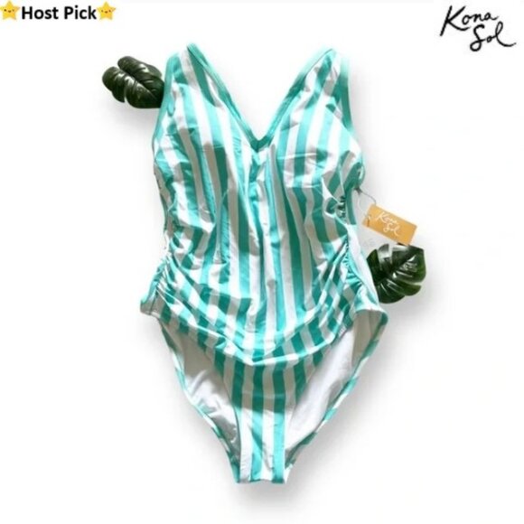 Kona Sol Other - KONA SOL One Piece Swimsuit - Turquoise & White Stripes - Size 16W (XXL) - NWT